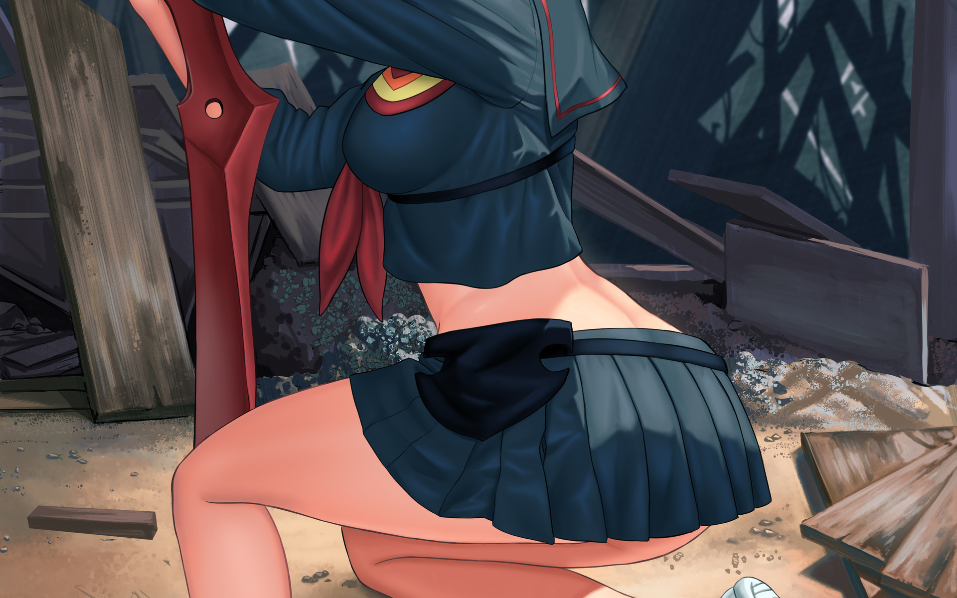 kill la kill, matoi ryuko, anime girls, fan art, digital art, multi-colored hair, short hair, black hair, blue eyes, senketsu, ass, sneakers, miniskirt, sailor uniform, sword, blade