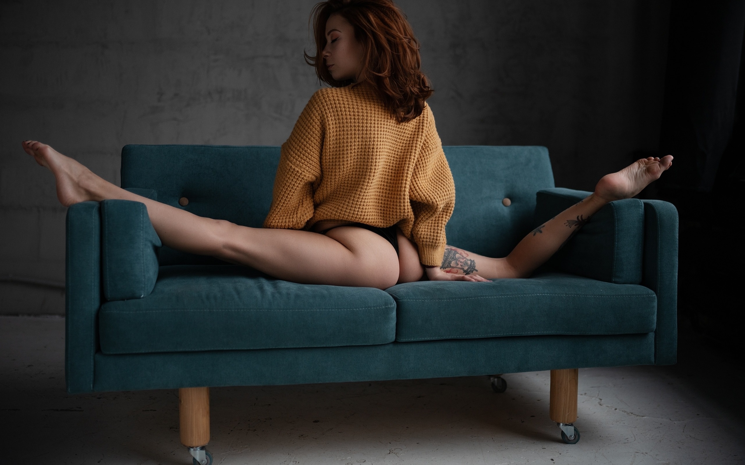 women, black panties, couch, women indoors, tattoo, ass, sweater, flexible, closed eyes, back, wall, redhead