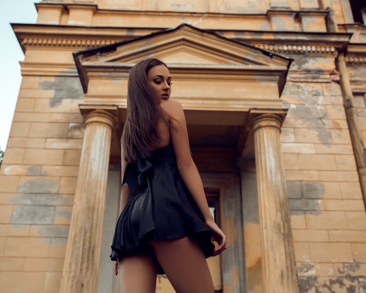 viktoria, model, brunette, dress, long hair, black hair, trees, sky, clouds, backwards, black dress