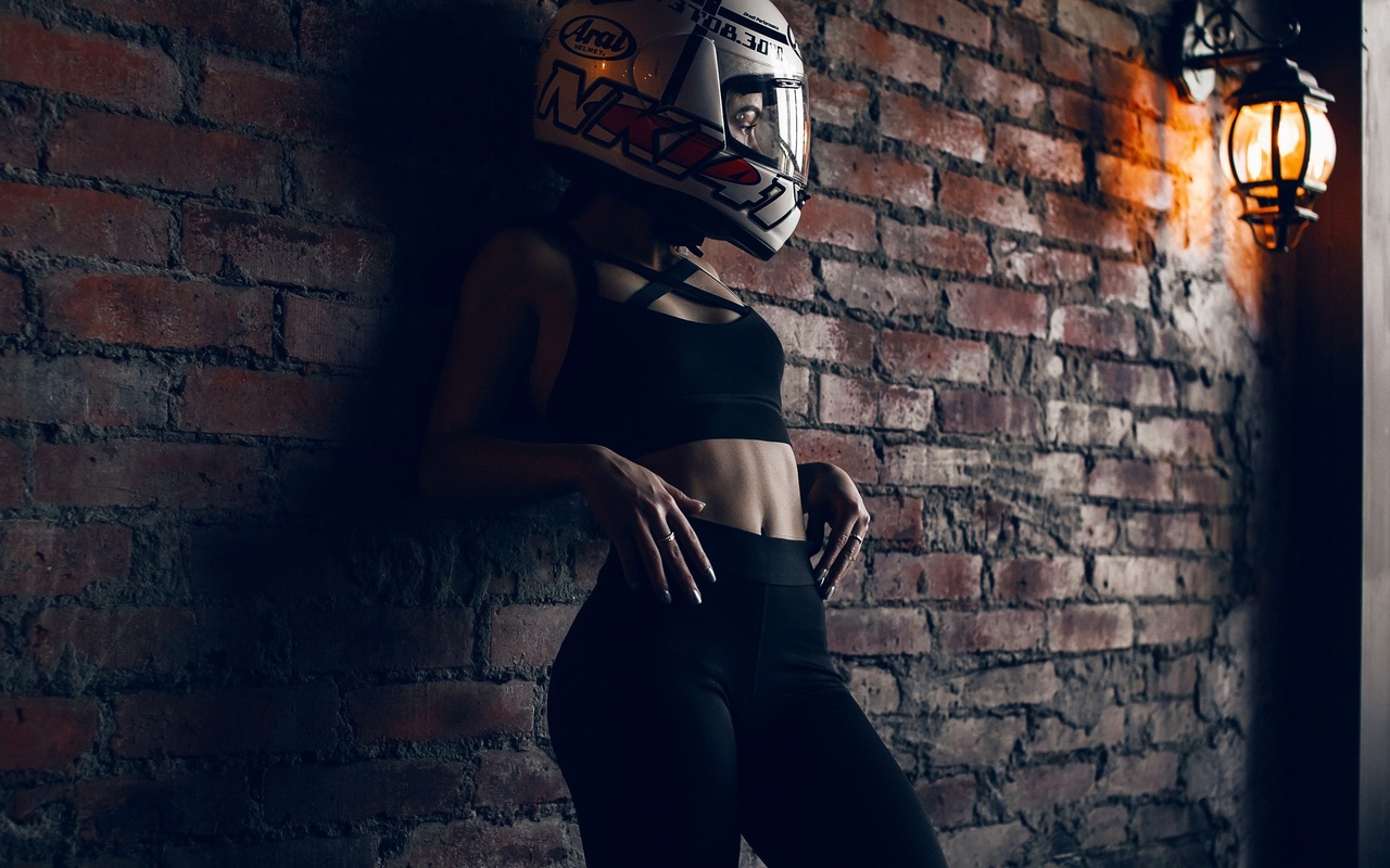 brunette, helmet, model, wall, lamp, belly, belly button, pants, top