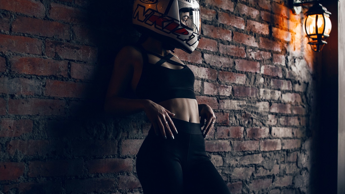 brunette, helmet, model, wall, lamp, belly, belly button, pants, top