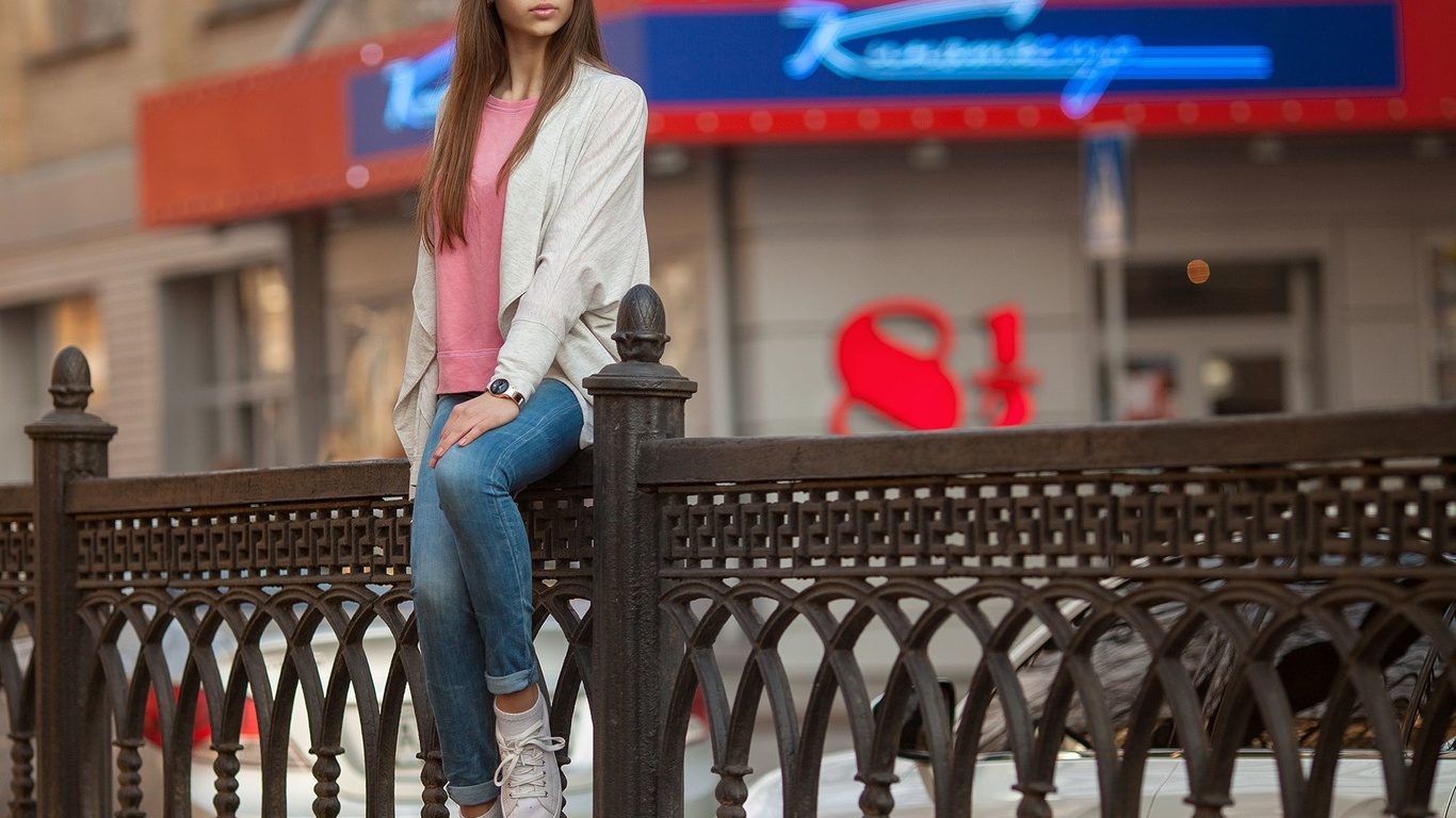 women, model, jeans, brunette, sweater, t-shirt, sneakers, city, sitting, street, railing, glasses