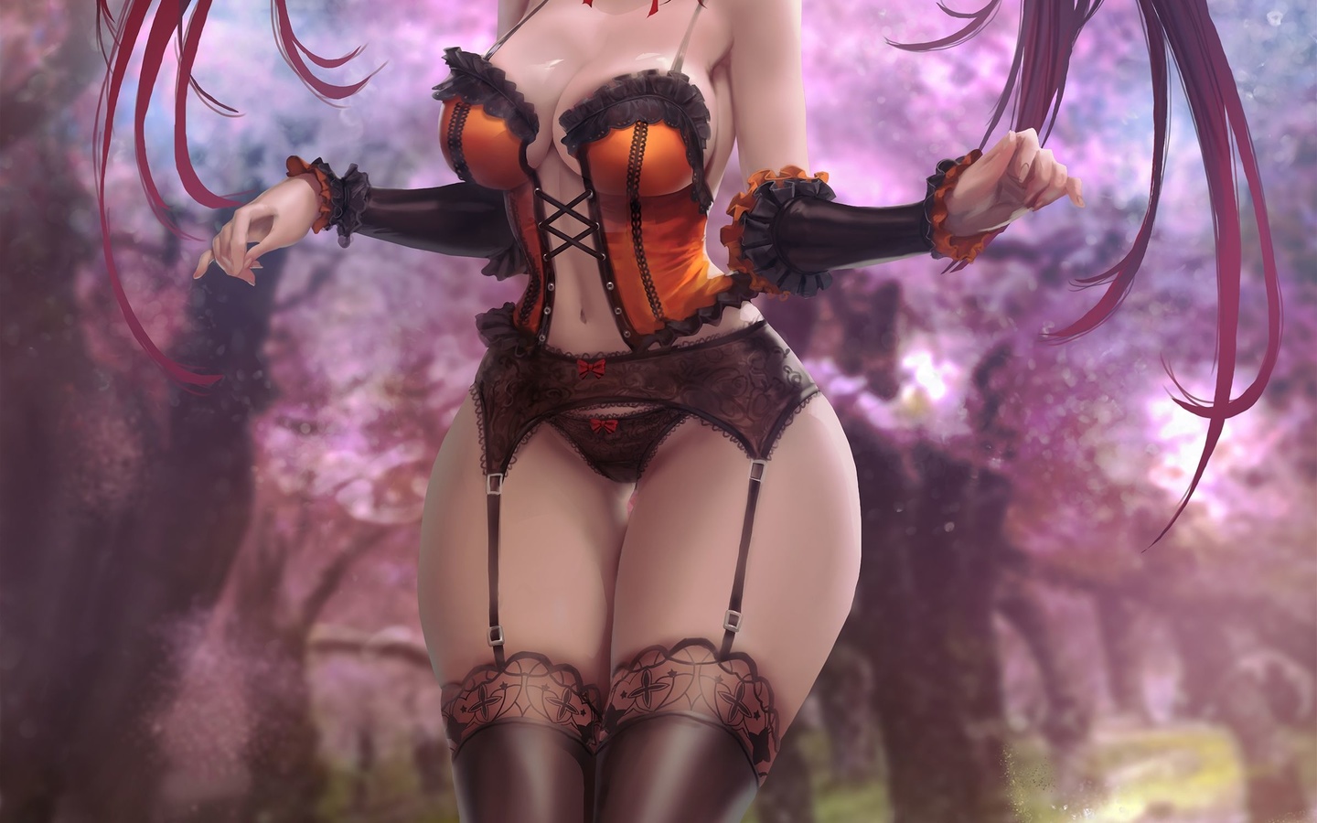 lexaiduer, tokisaki kurumi, date a live, black hair, yellow eye, red eye, dress, garter belt, heterochromia, nature, boots, black stockings, black panties, anime girl, corset, neckline