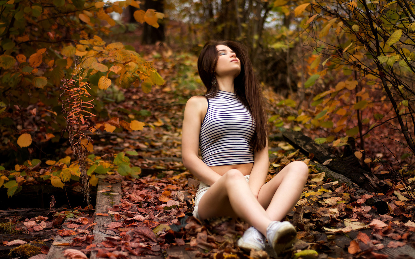 autumn, nature, model, brunette, shorts, sneakers, t-shirt, sitting, women, women outdoors, belly