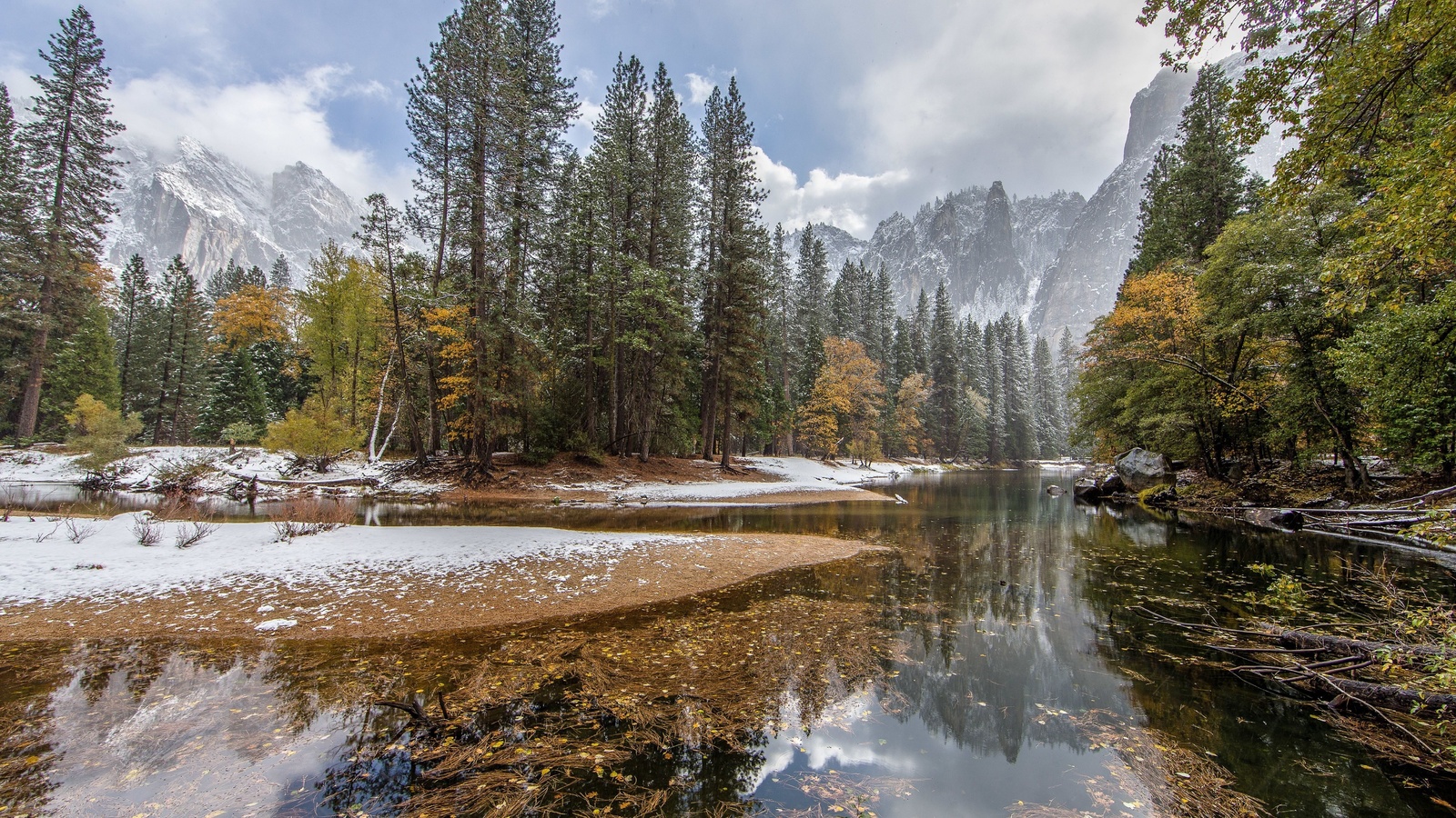 nature, forest, lake, mountains, winter