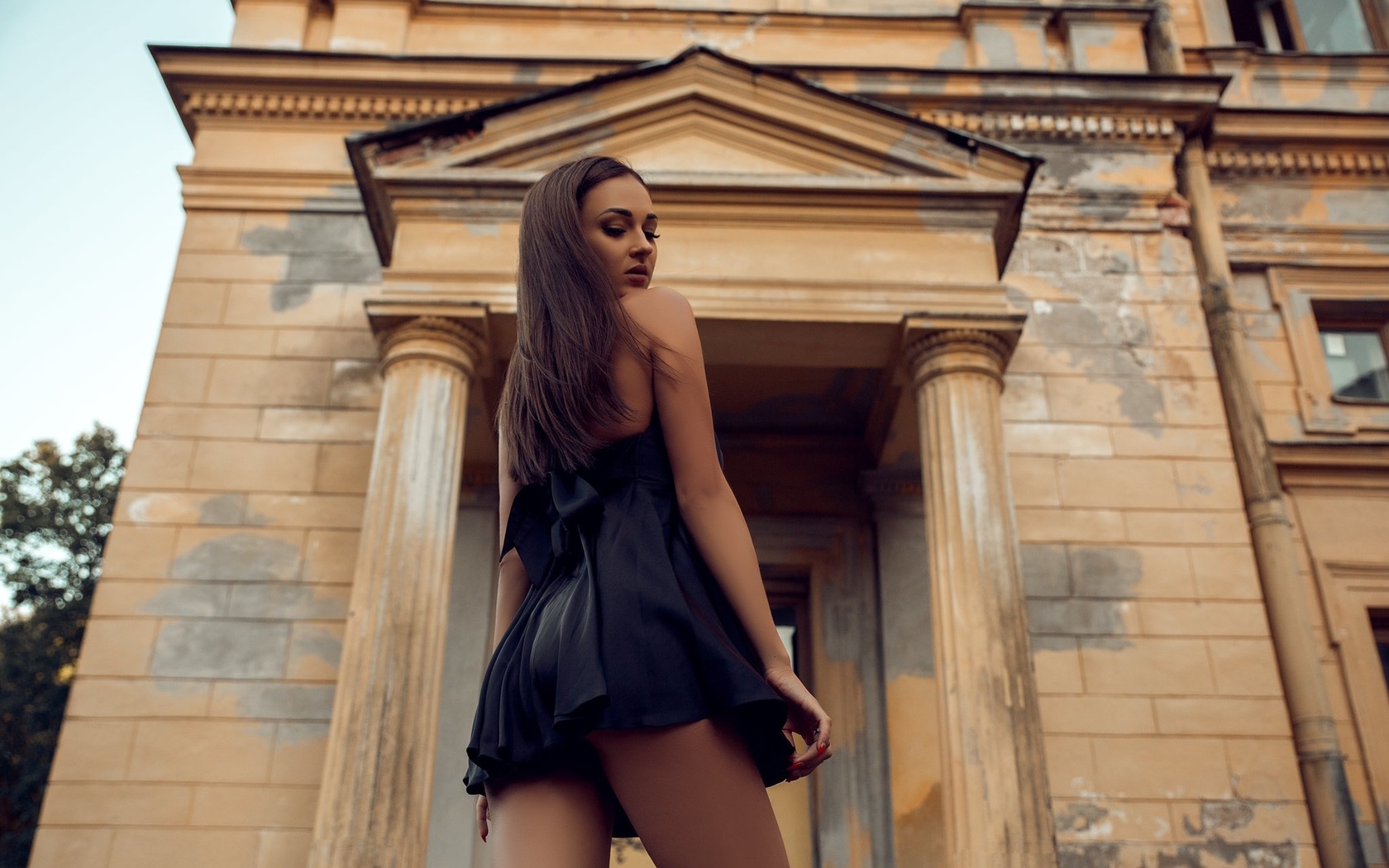 viktoria, model, brunette, dress, long hair, black hair, trees, sky, clouds, backwards, black dress