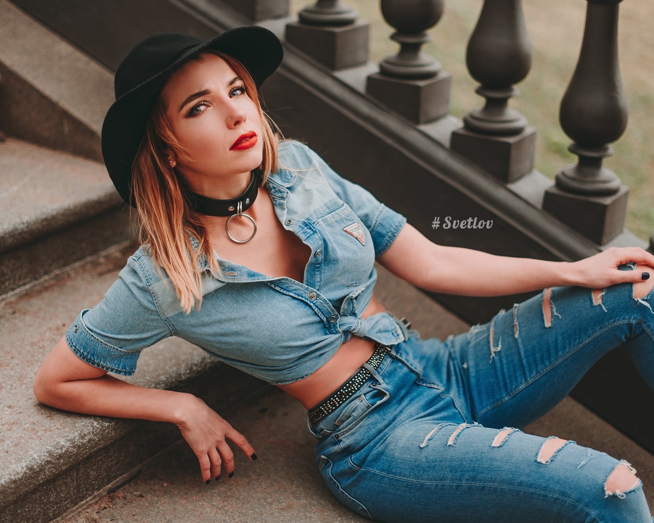 timur svetlov, model, blonde, hat, jeans, blouse, stairs, necklace, makeup, women, women outdoors, sitting, denim shirt