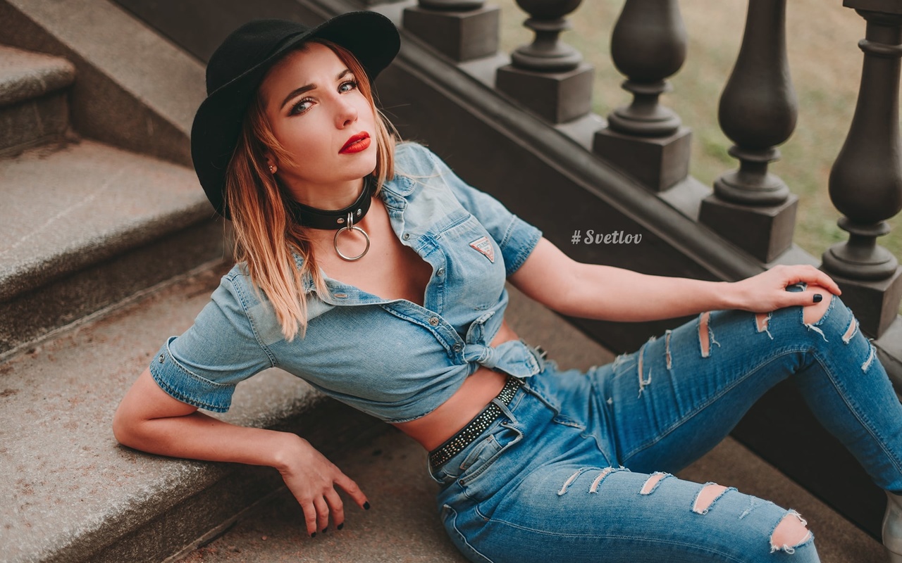 timur svetlov, model, blonde, hat, jeans, blouse, stairs, necklace, makeup, women, women outdoors, sitting, denim shirt