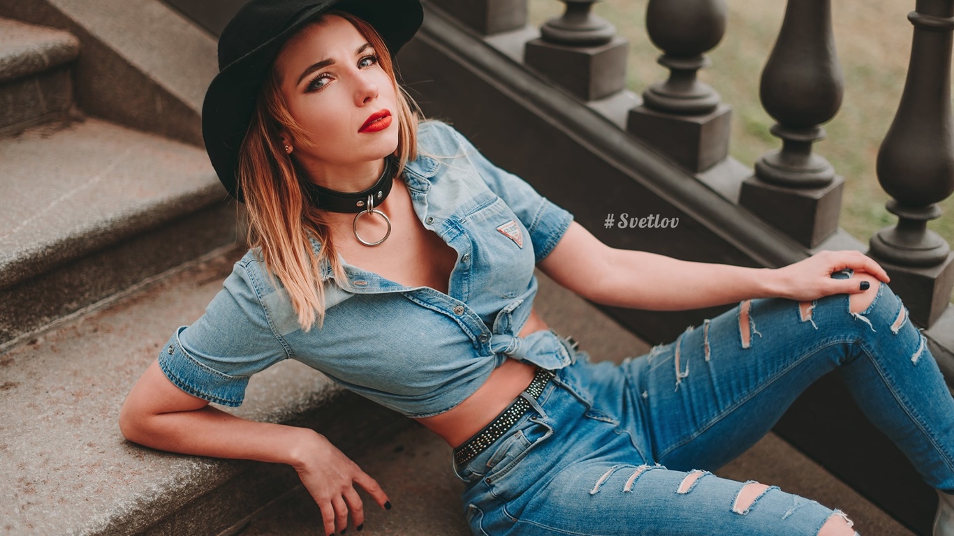 timur svetlov, model, blonde, hat, jeans, blouse, stairs, necklace, makeup, women, women outdoors, sitting, denim shirt