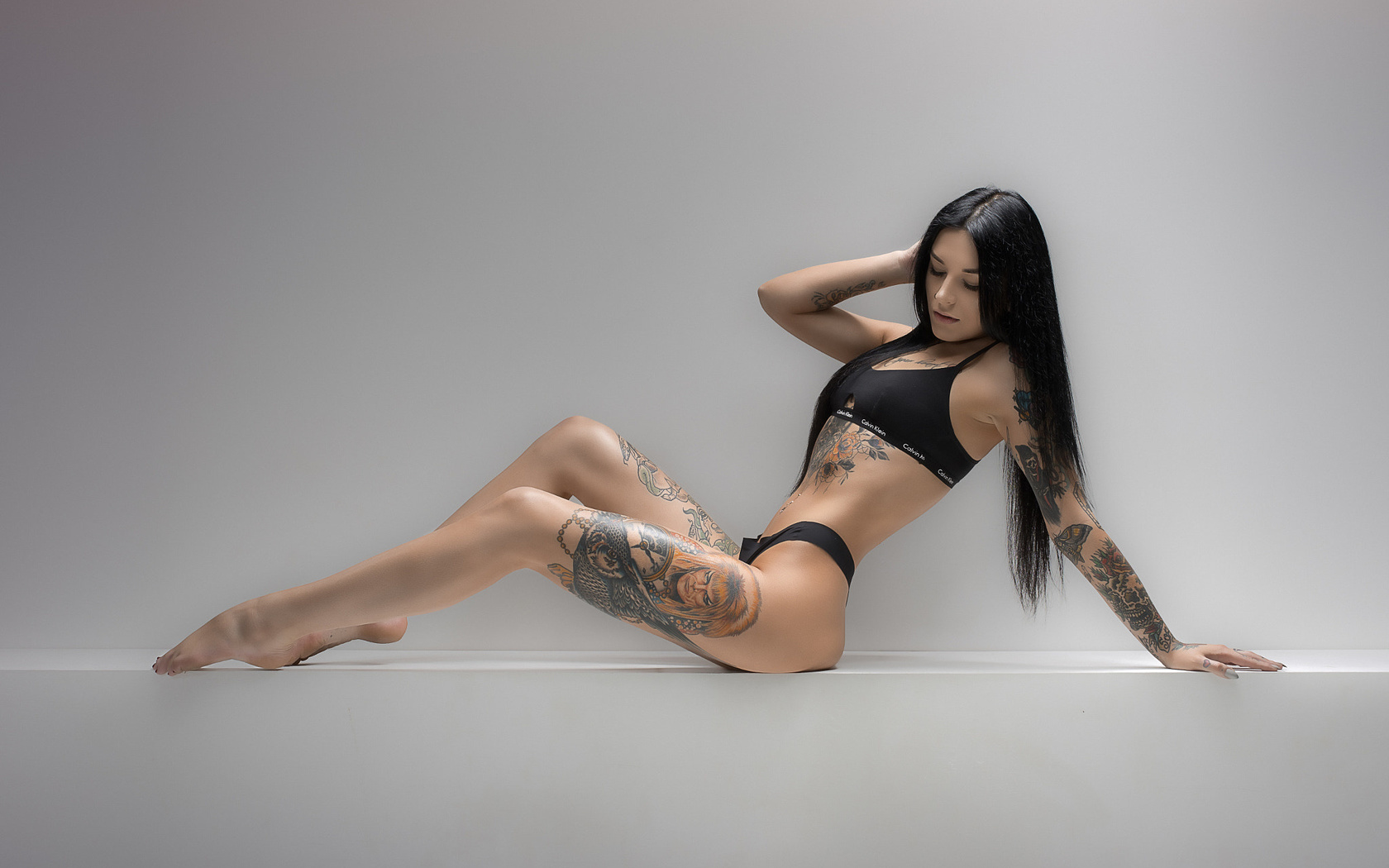 women, sitting, tattoo, belly, long hair, calvin klein, studio, black lingerie