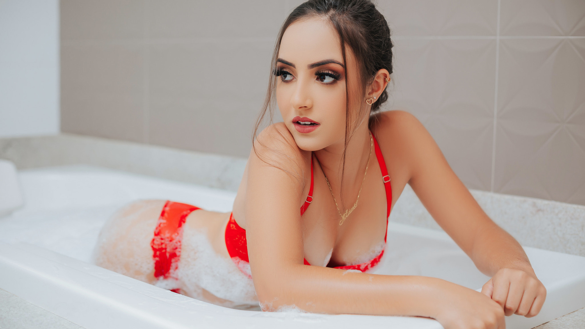 women, red lingerie, soap, bathtub, women indoors, looking away, make up, kneeling