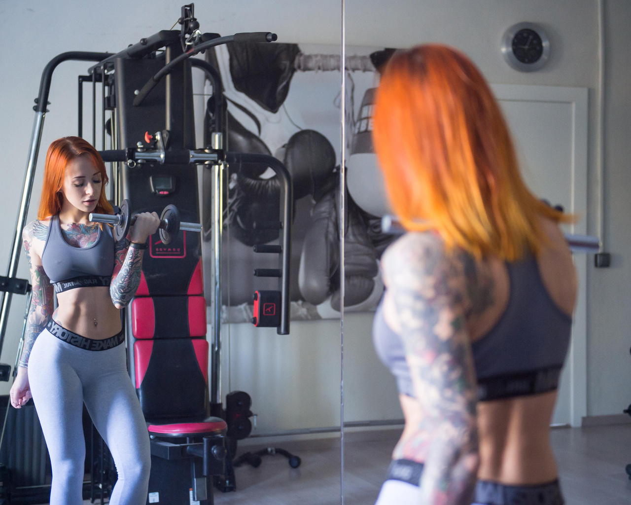 jane sinner, suicidegirls, suicide girls, gym clothes, gyms, model, redhead, women, fitness model, sports bra, tattoo, mirror, reflection, gray panties, dumbbells