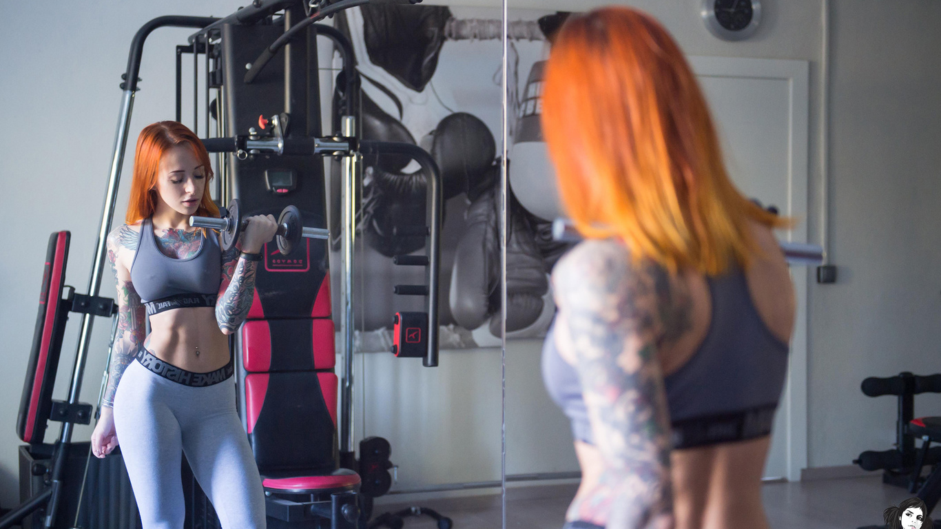 jane sinner, suicidegirls, suicide girls, gym clothes, gyms, model, redhead, women, fitness model, sports bra, tattoo, mirror, reflection, gray panties, dumbbells