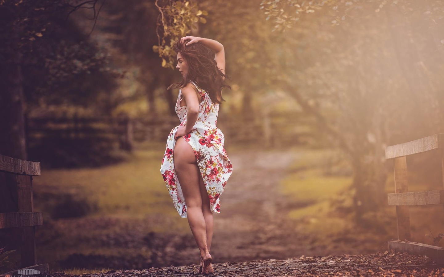 simon morton, eliza rose watson, model, women, model, flower dress, ass, field, trees, lifting dress, barefoot