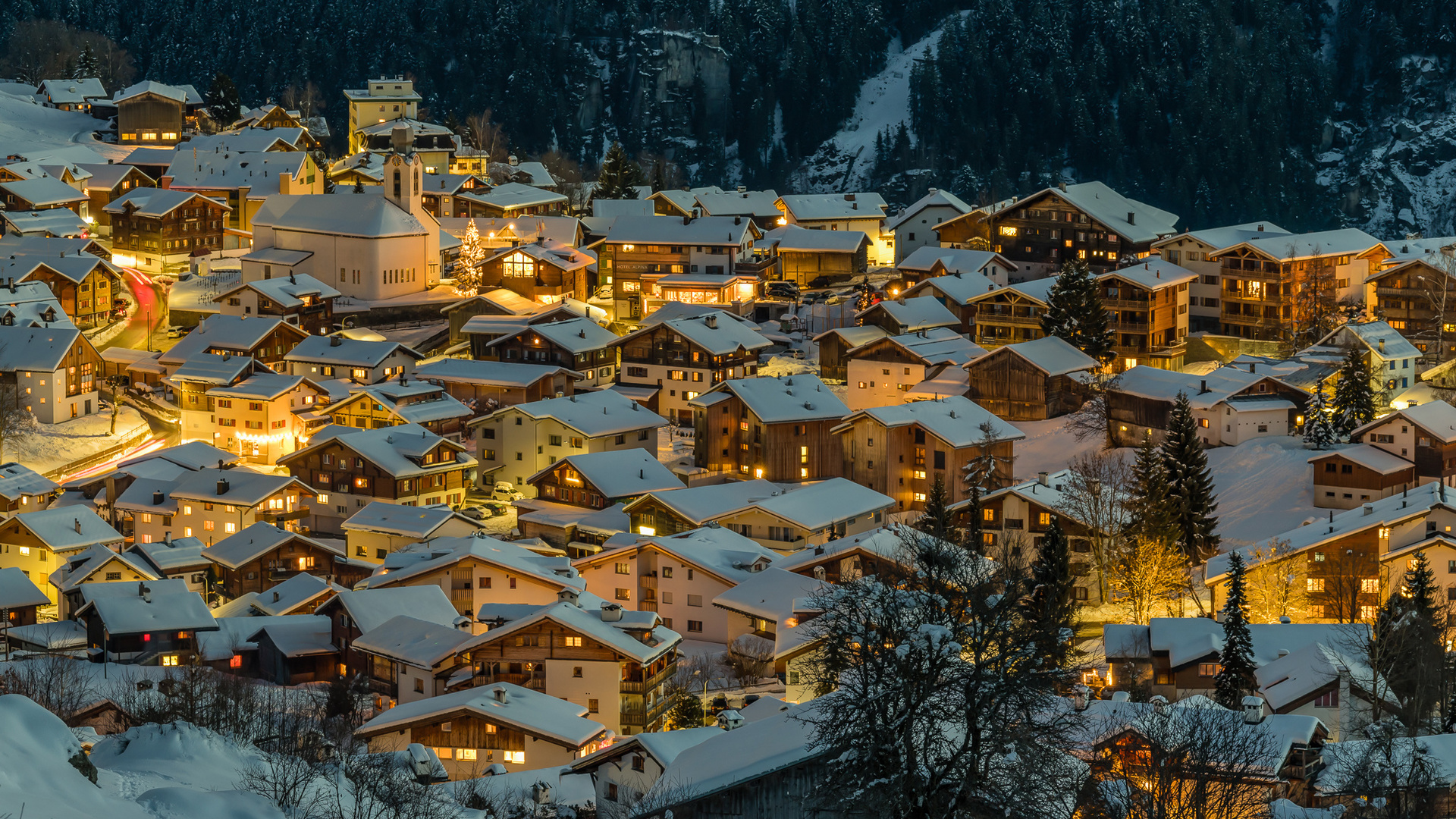 Картинки швейцария, зима, дома, canton of grisons, ночь, крыша, снег,  сверху, город - обои 1920x1080, картинка №448902