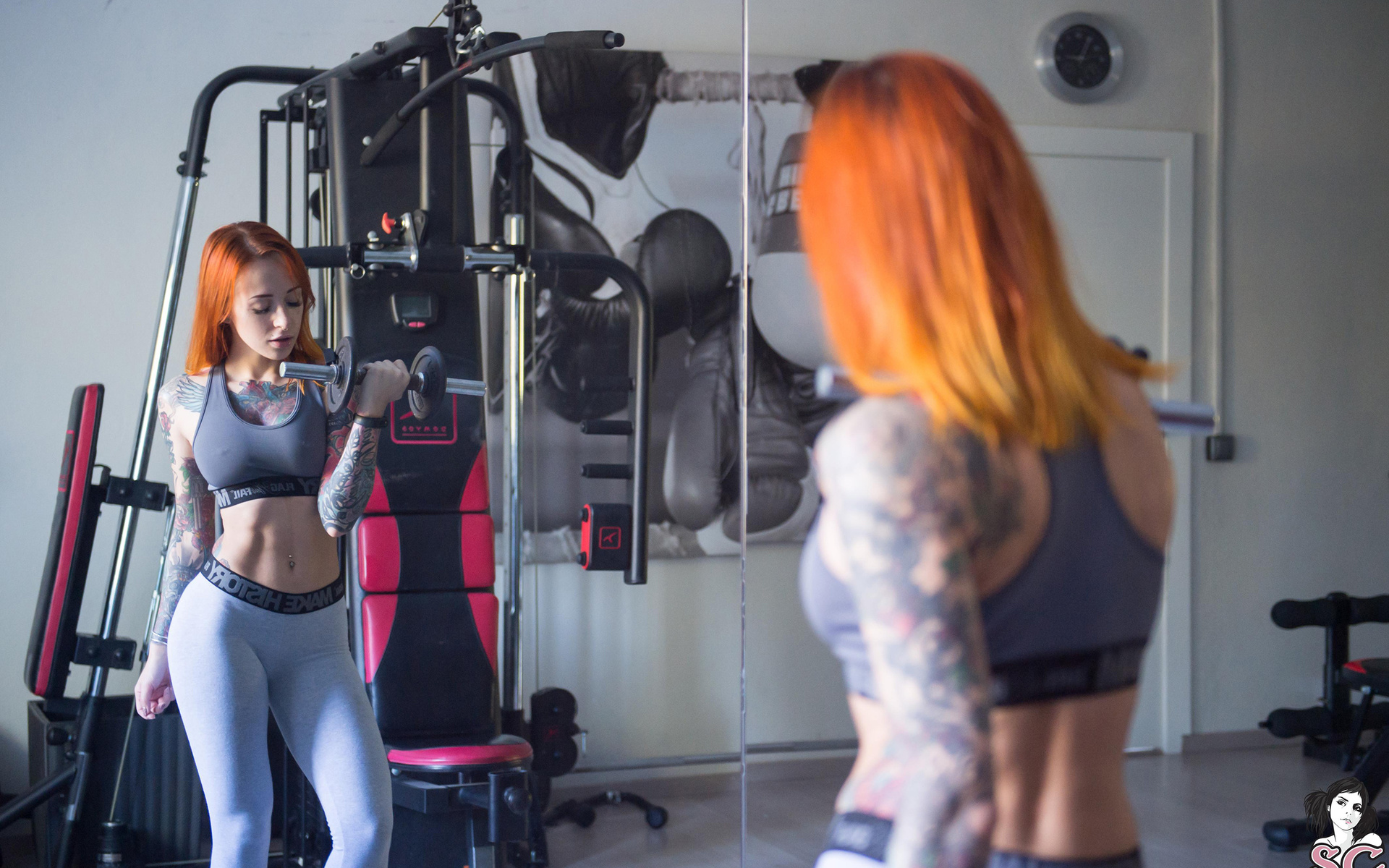 jane sinner, suicidegirls, suicide girls, gym clothes, gyms, model, redhead, women, fitness model, sports bra, tattoo, mirror, reflection, gray panties, dumbbells