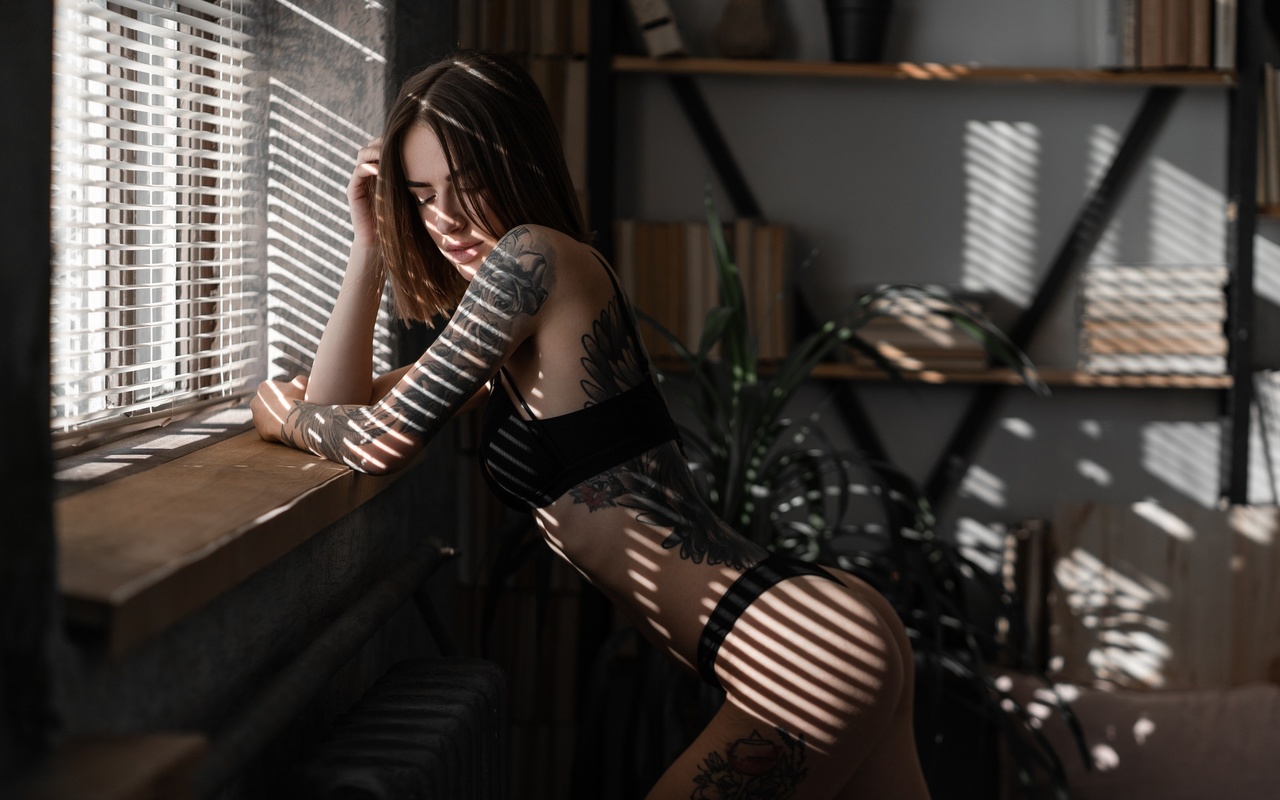 women, black lingerie, tattoo, window, blinds, plants, women indoors, ribs, ass, skinny, books