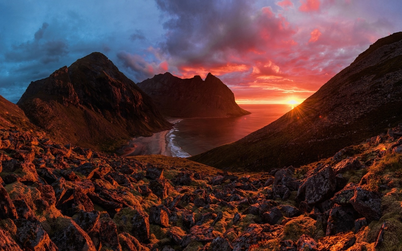 landscape, nature, mountains, sea, night, sunset