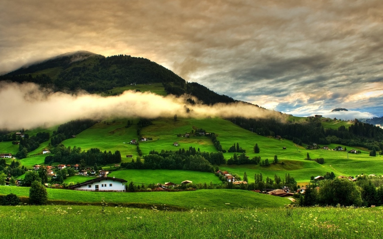 landscape, nature, mountains, hills, village, clouds