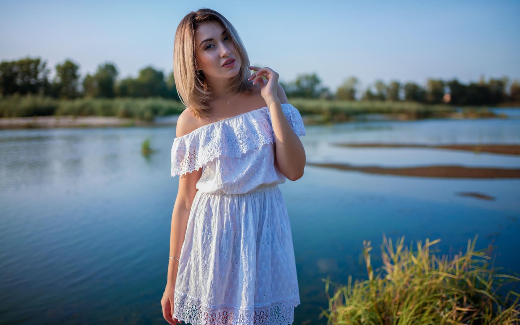 ,  , , , , , , , , water, bare shoulders, nature, girl, dress, blonde, look, hair, face