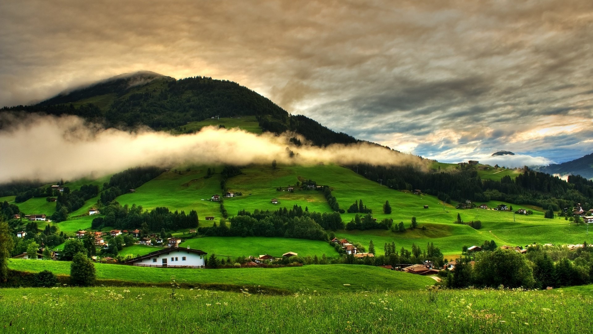 landscape, nature, mountains, hills, village, clouds