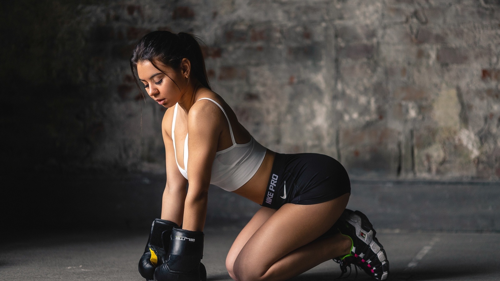 svetlana ivanova, women, sportwear, ildar rivera, white tops, boxing gloves, brunette, wall, women indoors, ponytail, kneeling, nike, pierced nose, nose ring, sneakers, closed eyes