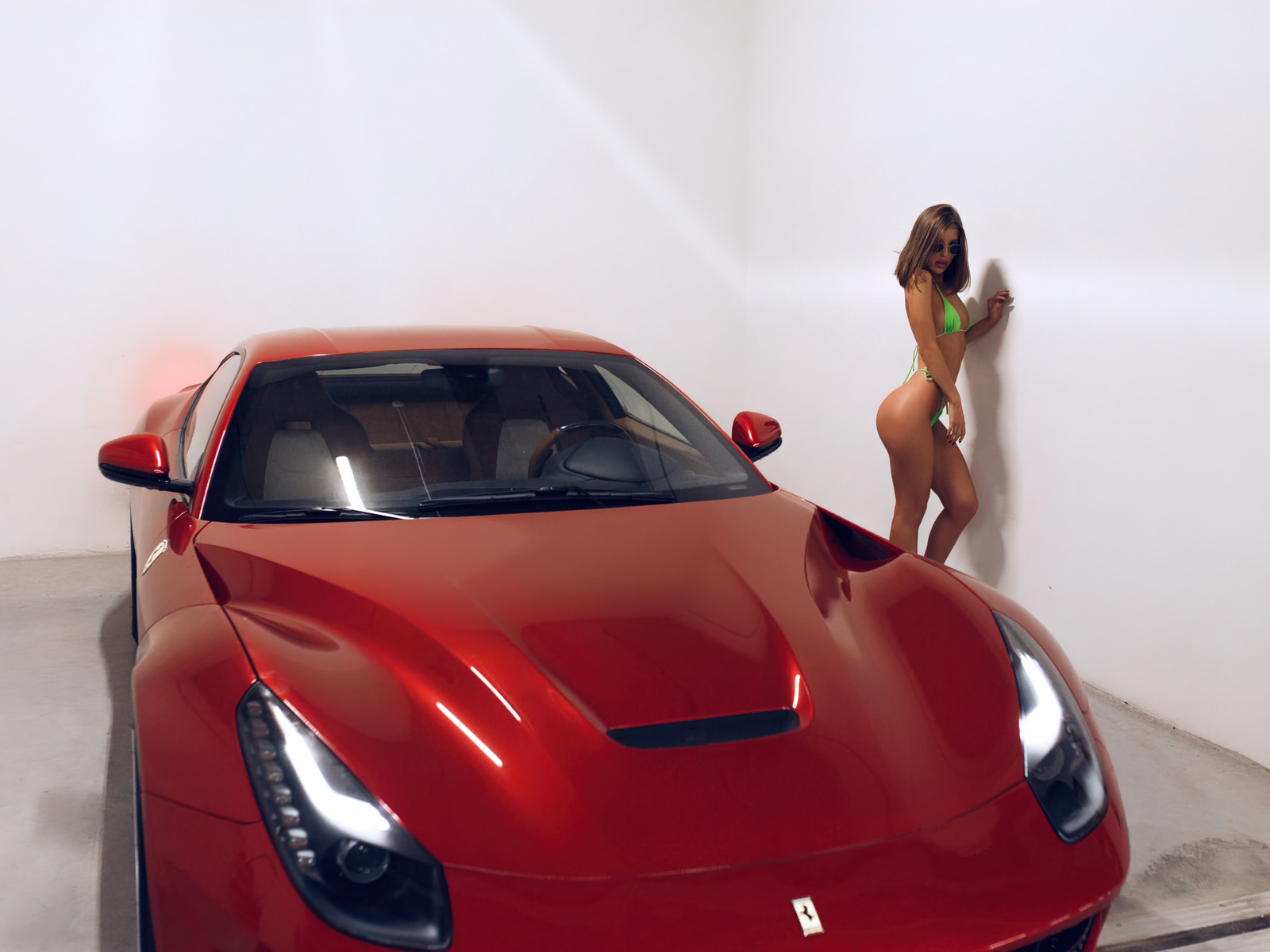 women, alexander belavin, ferrari, sunglasses, green bikini, brunette, car, wall, women indoors, women with cars, ass