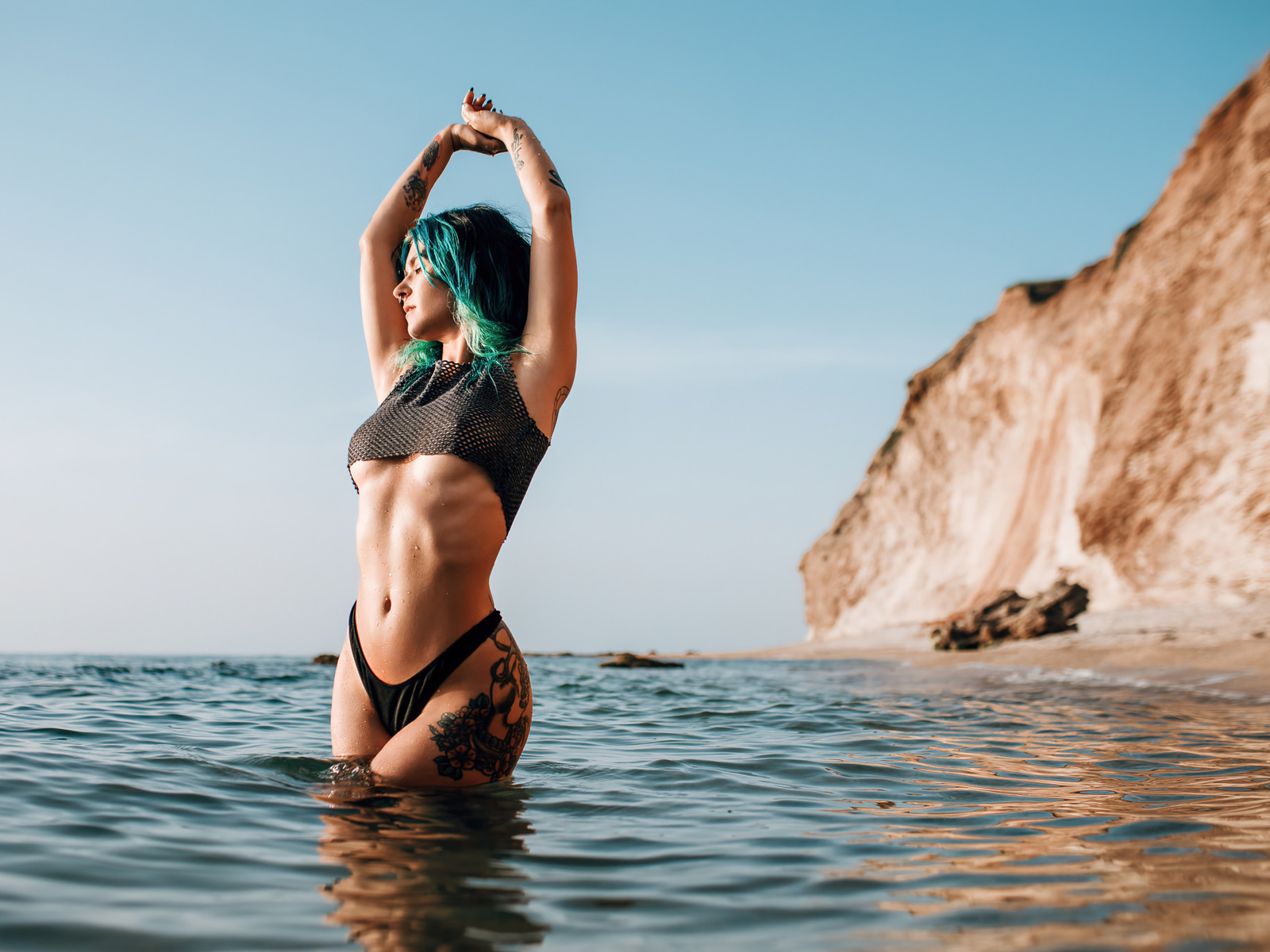 women, sea, belly, brunette, nose ring, sky, wet body, armpits, arms up, ribs, see-through clothing, dyed hair, tattoo, women outdoors