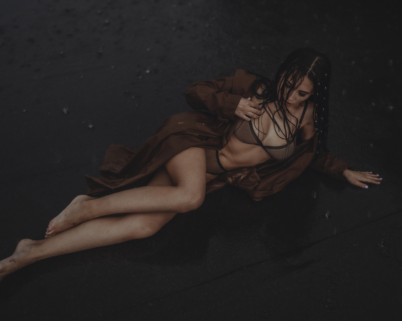 women, rooftops, rain, coats, belly, brunette, wet hair, wet body, wet clothing, women outdoors, black lingerie