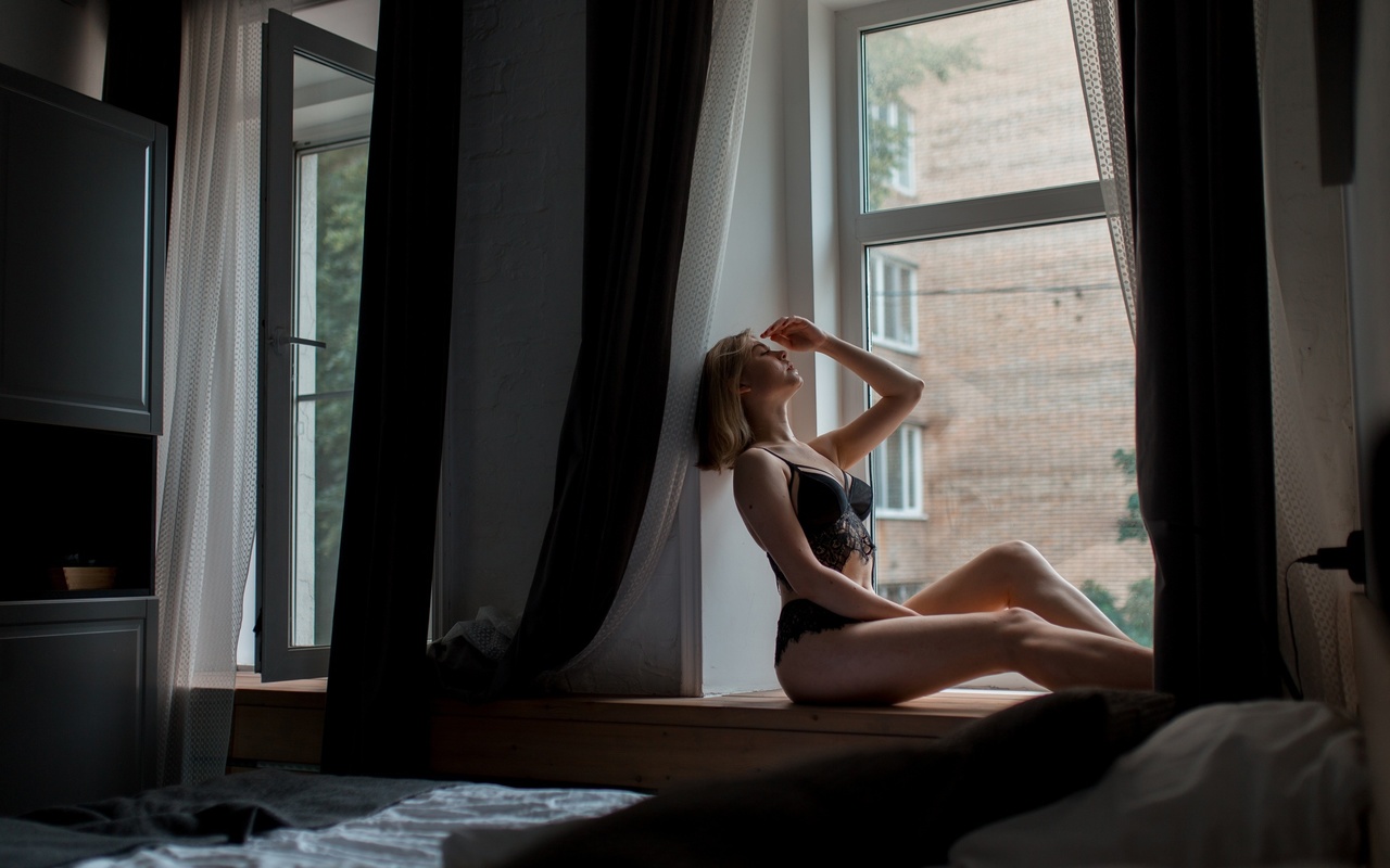 women, blonde, sitting, window, curtains, black lingerie, bed, pillow, women indoors, belly, window sill