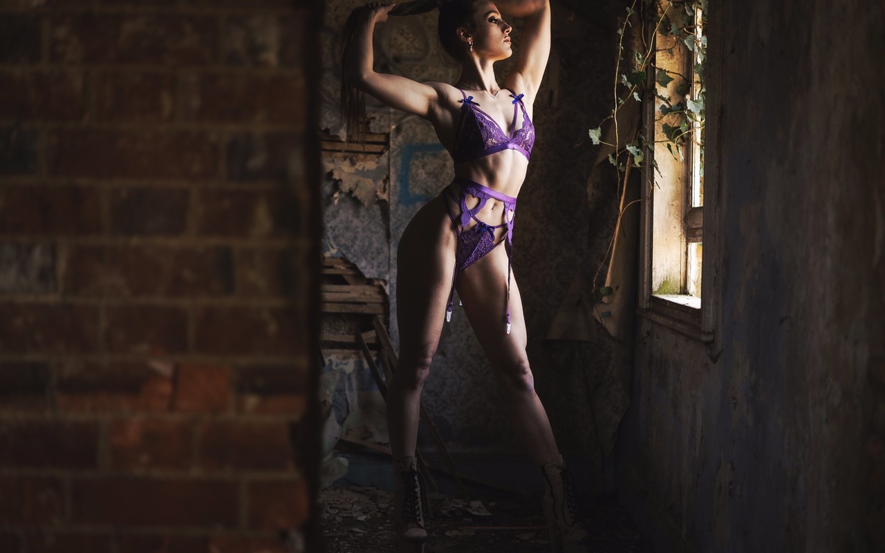 women, model, brunette, lingerie, purple lingerie, high heels, heeled shoes, window, wall, purple bra, purple panties