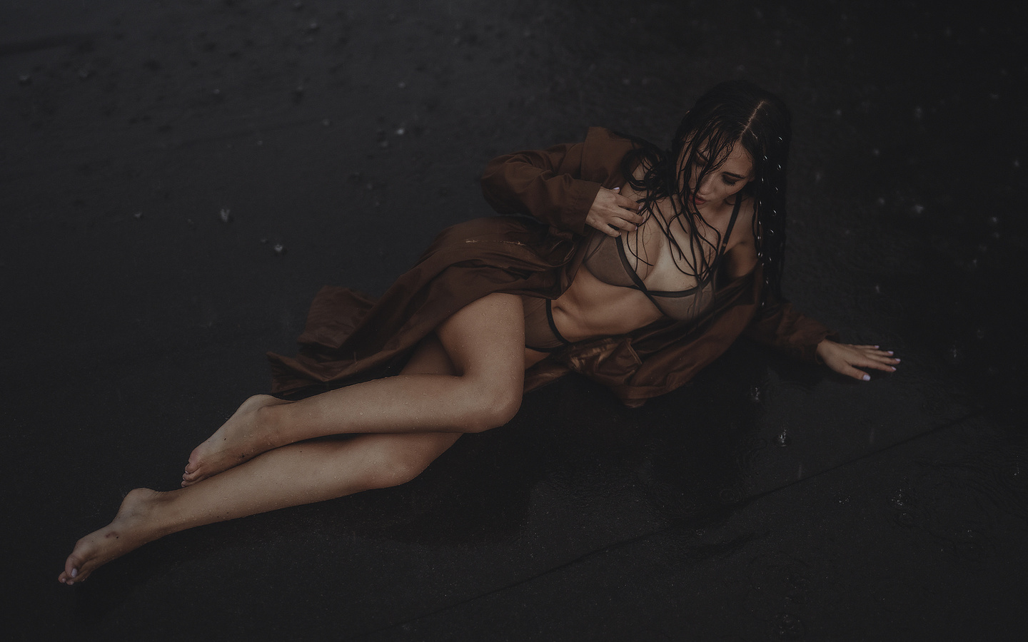 women, rooftops, rain, coats, belly, brunette, wet hair, wet body, wet clothing, women outdoors, black lingerie