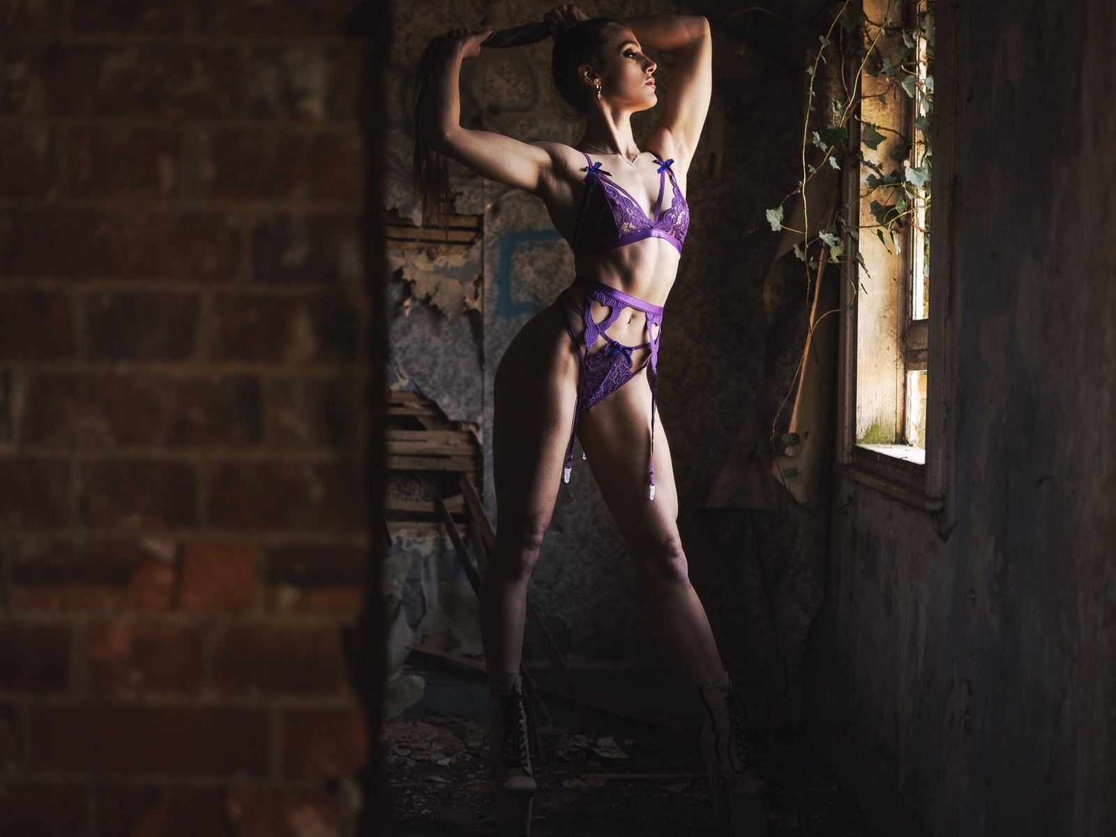 women, model, brunette, lingerie, purple lingerie, high heels, heeled shoes, window, wall, purple bra, purple panties