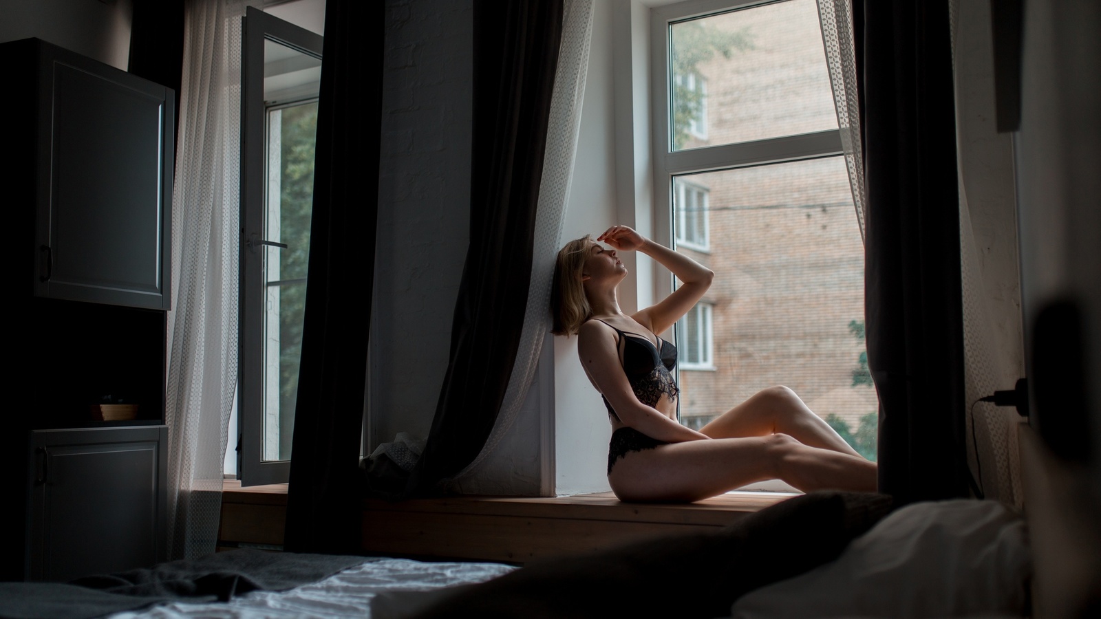 women, blonde, sitting, window, curtains, black lingerie, bed, pillow, women indoors, belly, window sill