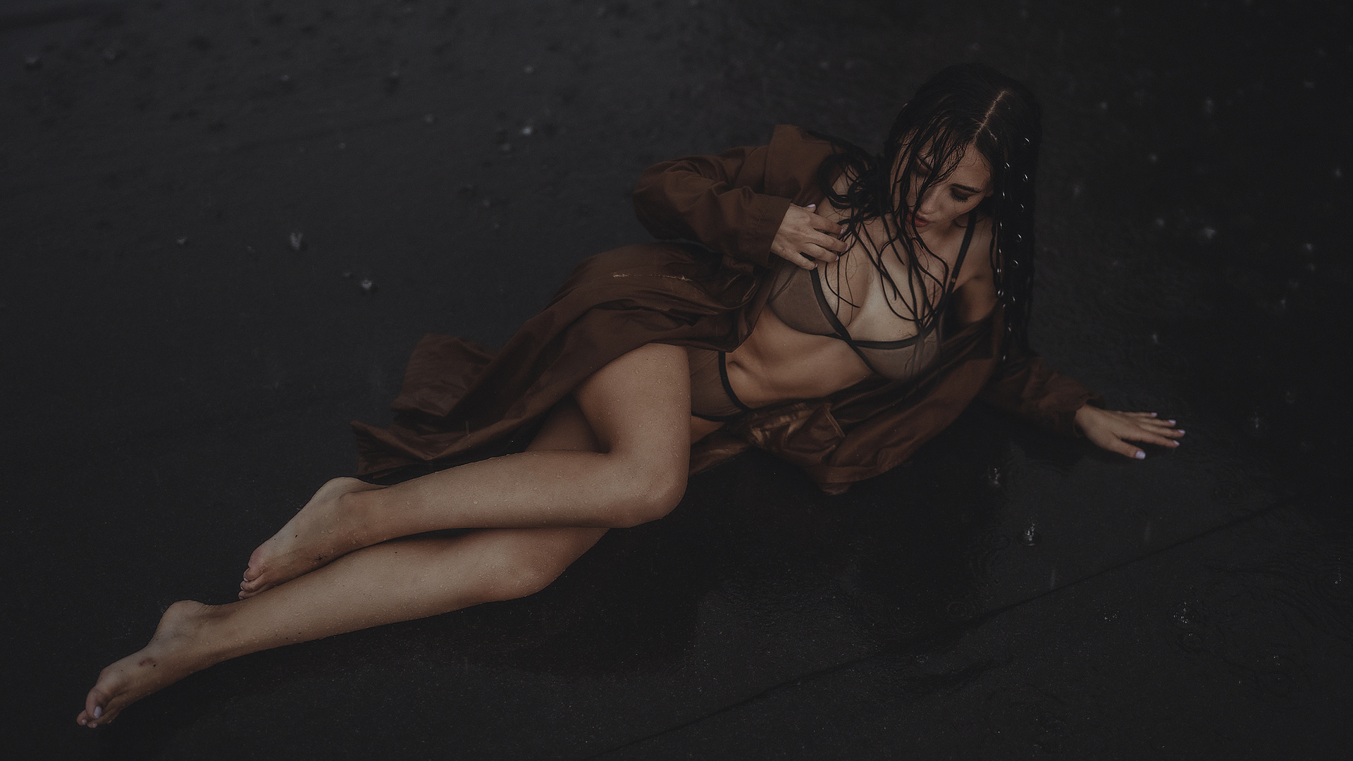 women, rooftops, rain, coats, belly, brunette, wet hair, wet body, wet clothing, women outdoors, black lingerie