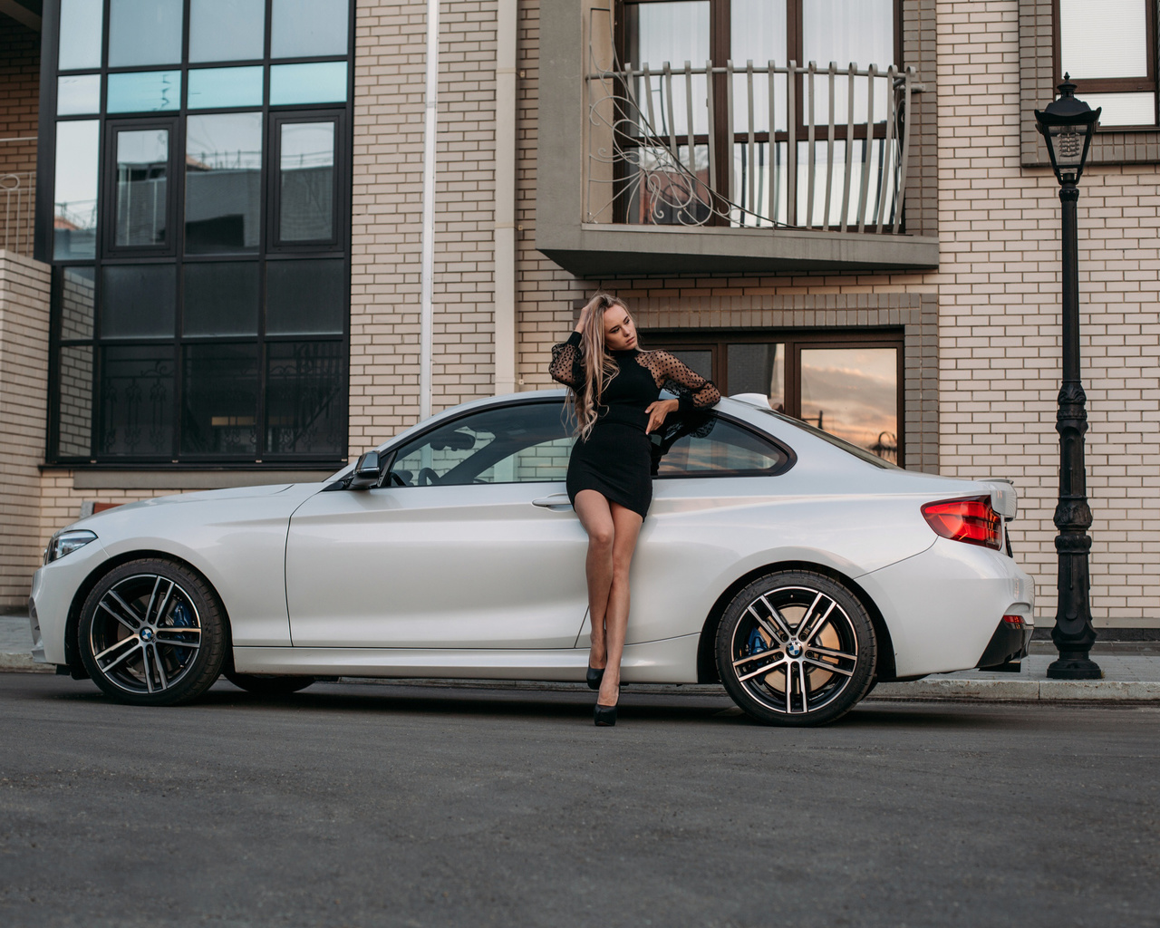 bmw, white bmw, model, blonde, women, black dress, heeled shoes, high heels