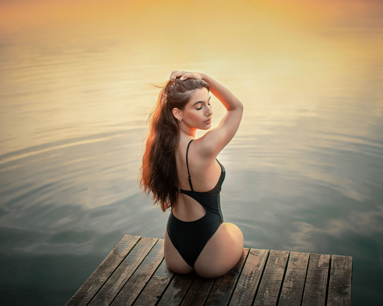 women, ass, closed eyes, one-piece swimsuit, women outdoors, back, water, pier, long hair