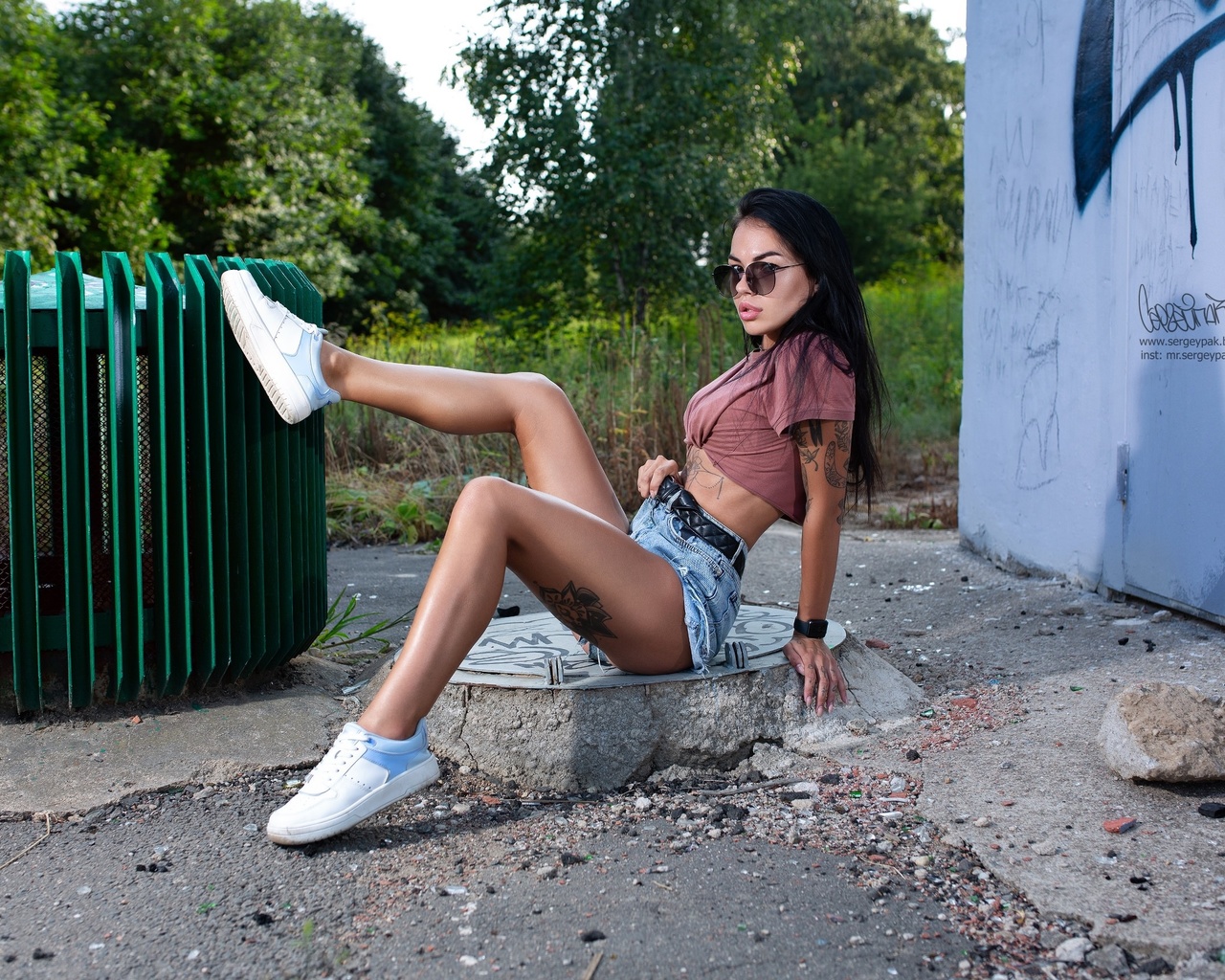 women, sergey pak, sitting, jean shorts, sneakers, sunglasses, tattoo, brunette, women outdoors, belt, watch, t-shirt