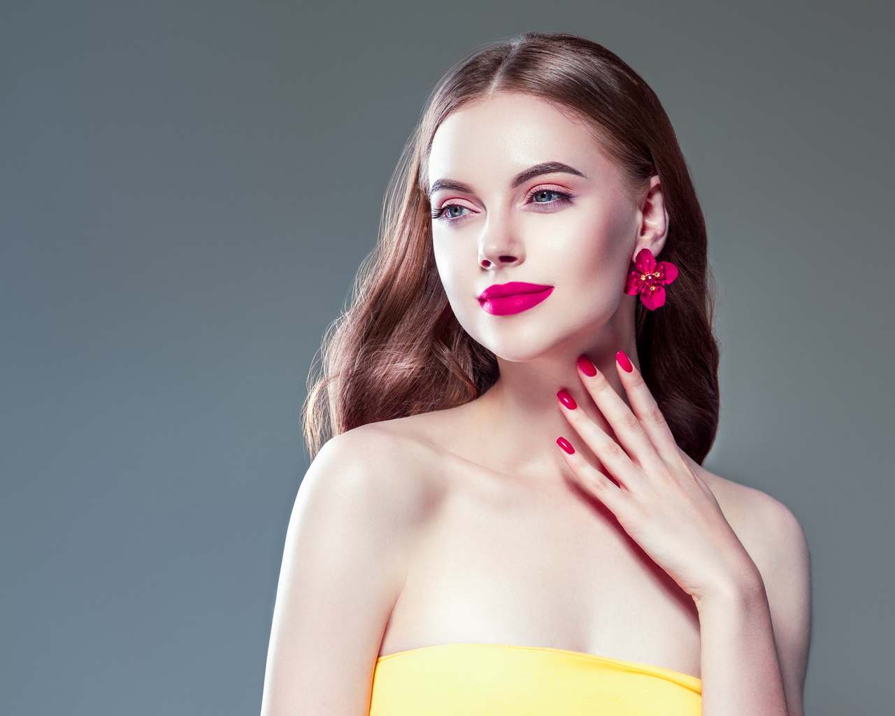 beautiful, manicure, pink, lips, brunette, woman, with, long, hair