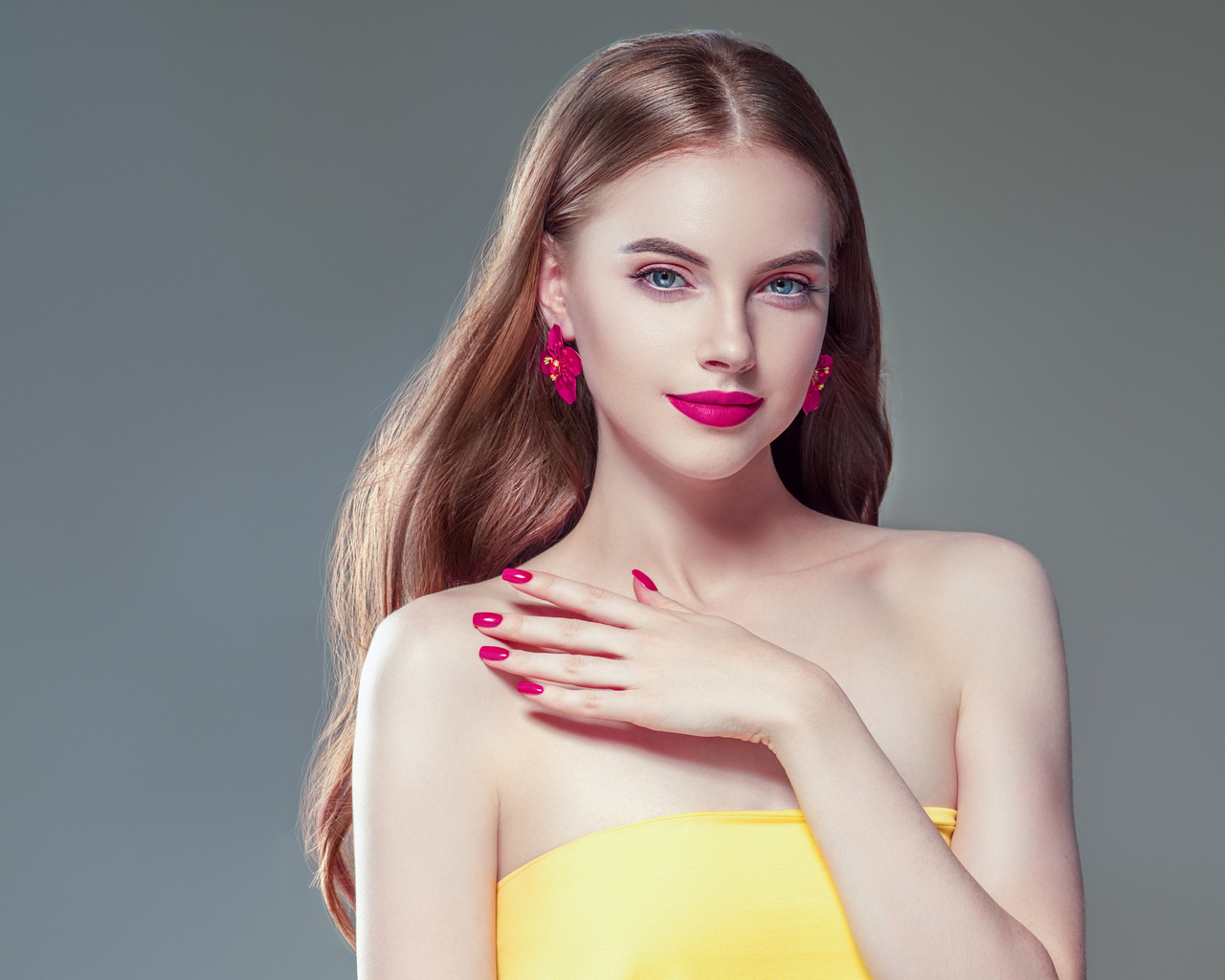 beautiful, manicure, pink, lips, brunette, woman, with, long, hair