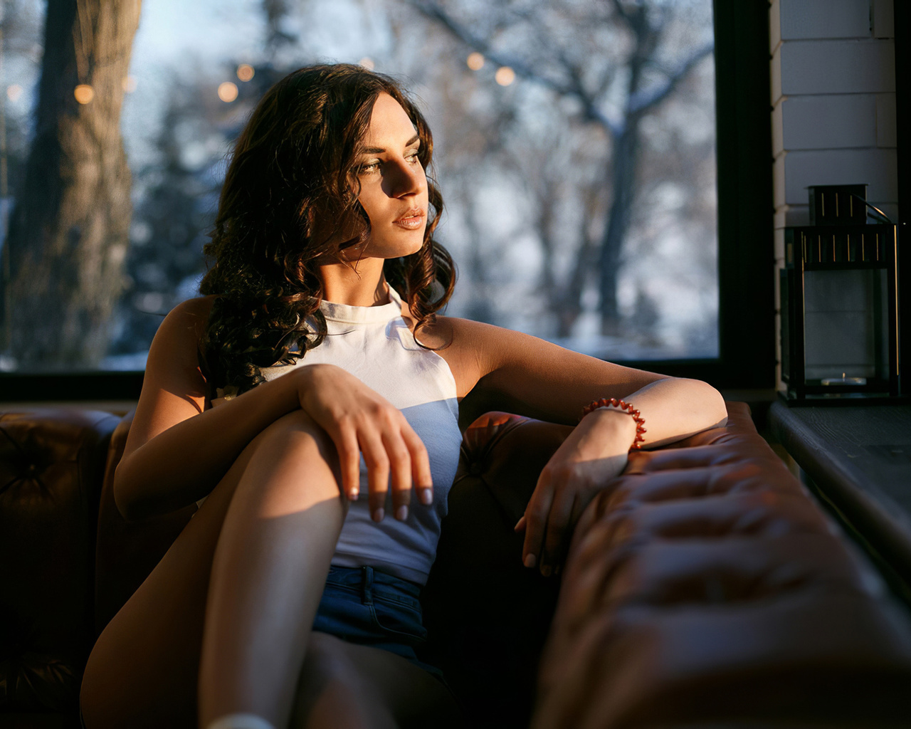 brunette, women, window, model, jean shorts, t-shirt, sitting, couch, trees