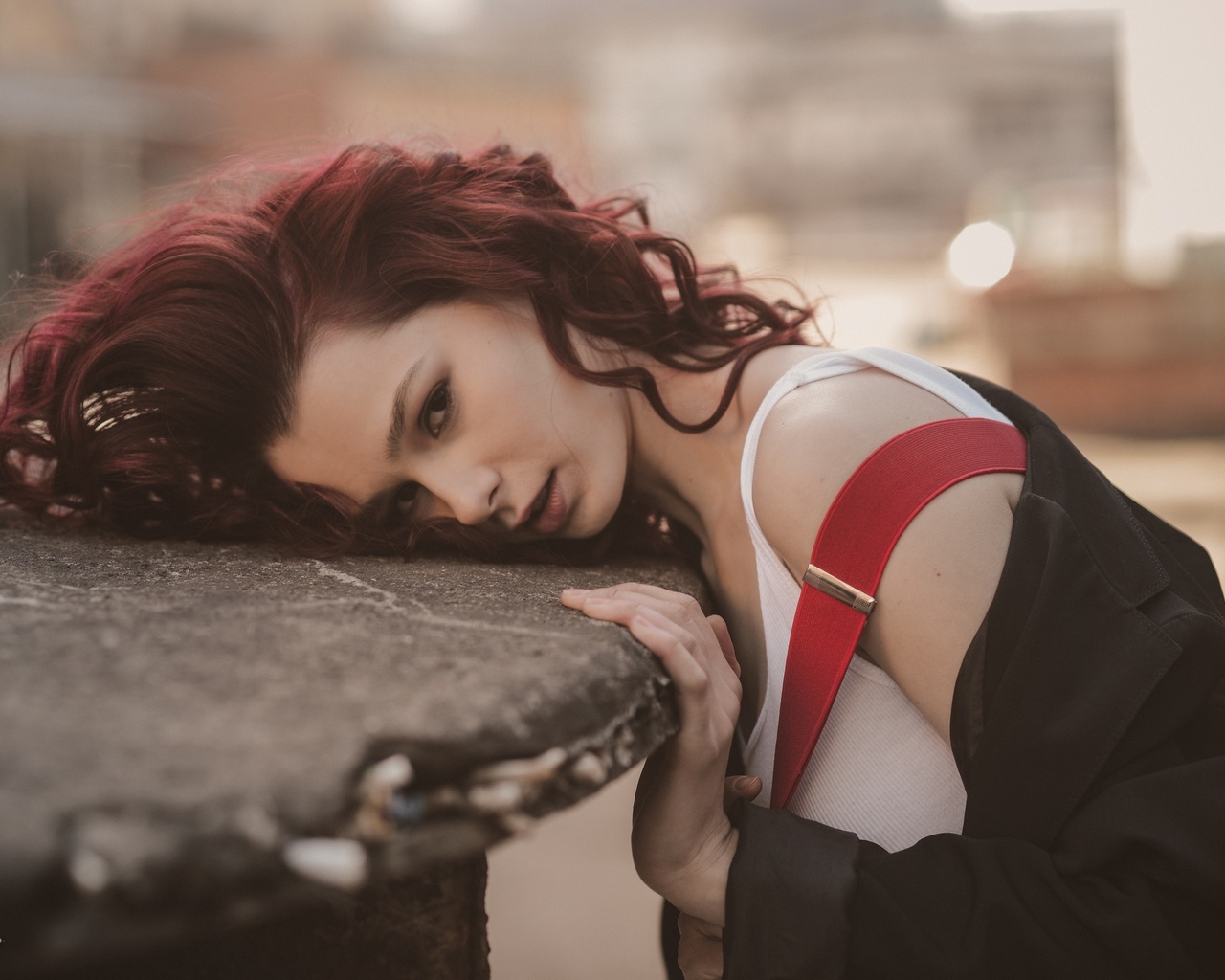 dmitry levykin, women, redhead, model, coats, t-shirt, suspenders, women outdoors