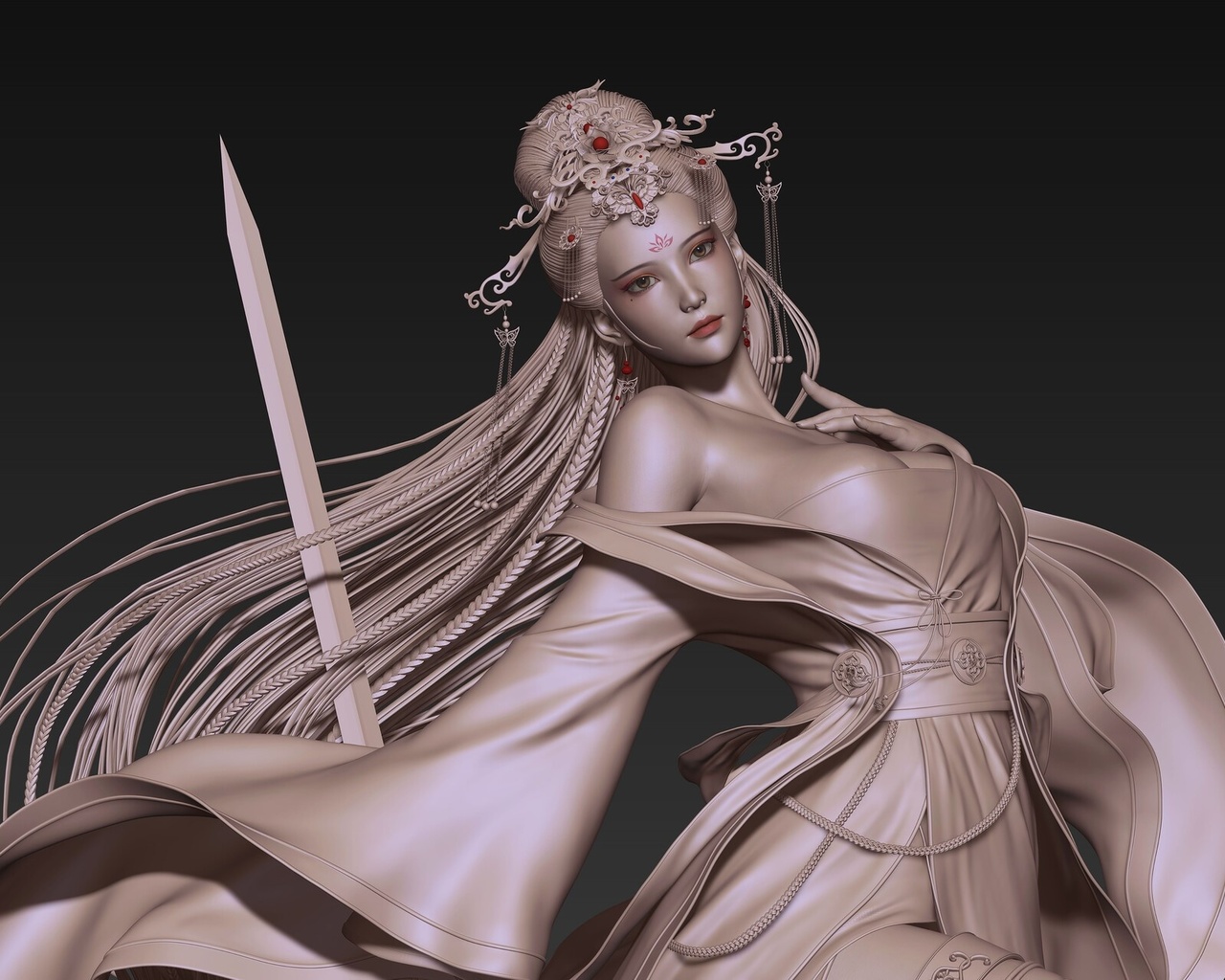 cgi, 3d, sculpture, women, asian, weapon, sword, long hair, dress