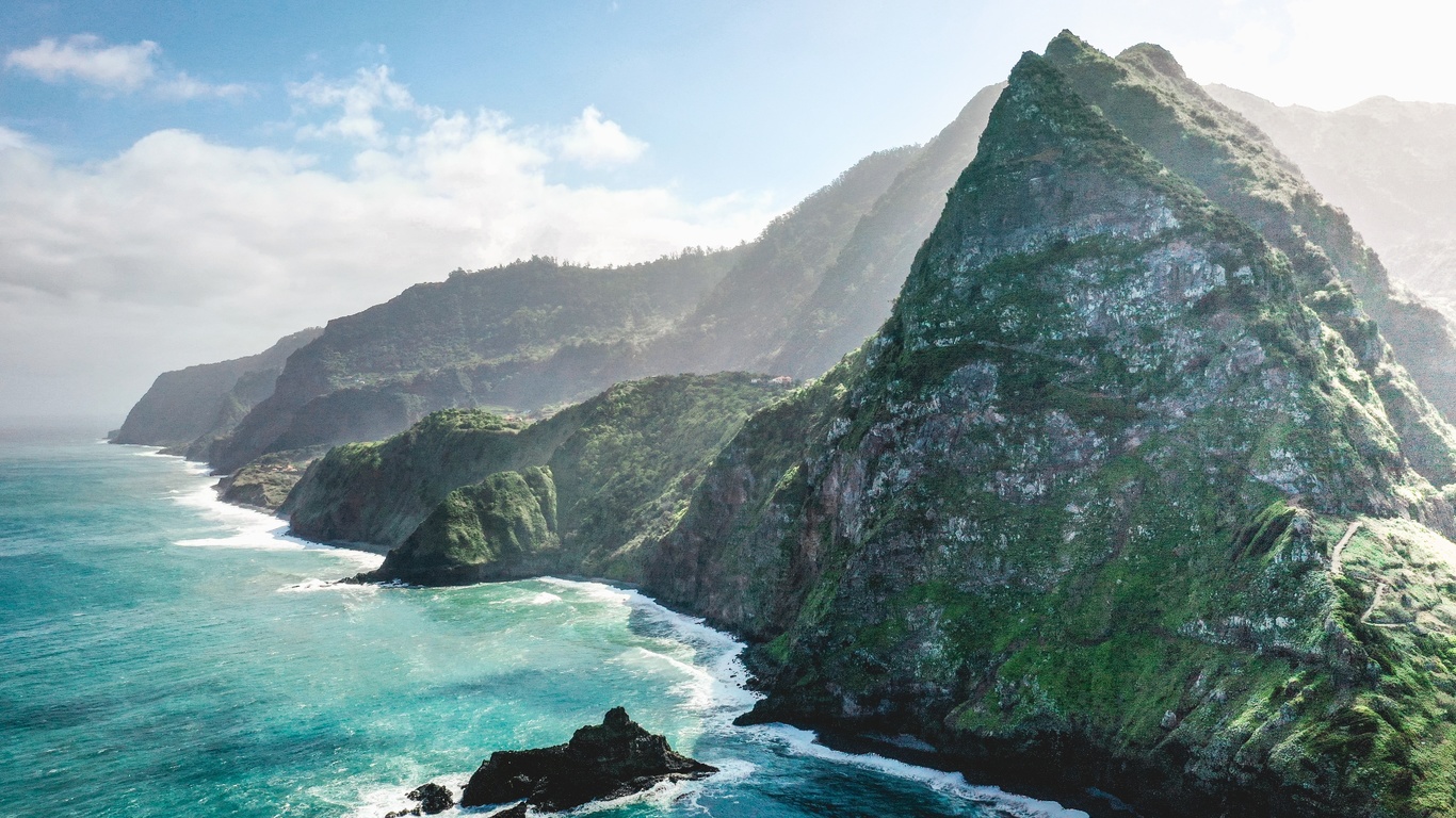 portugal, coast, edge, peak, waves, ocean, mountains