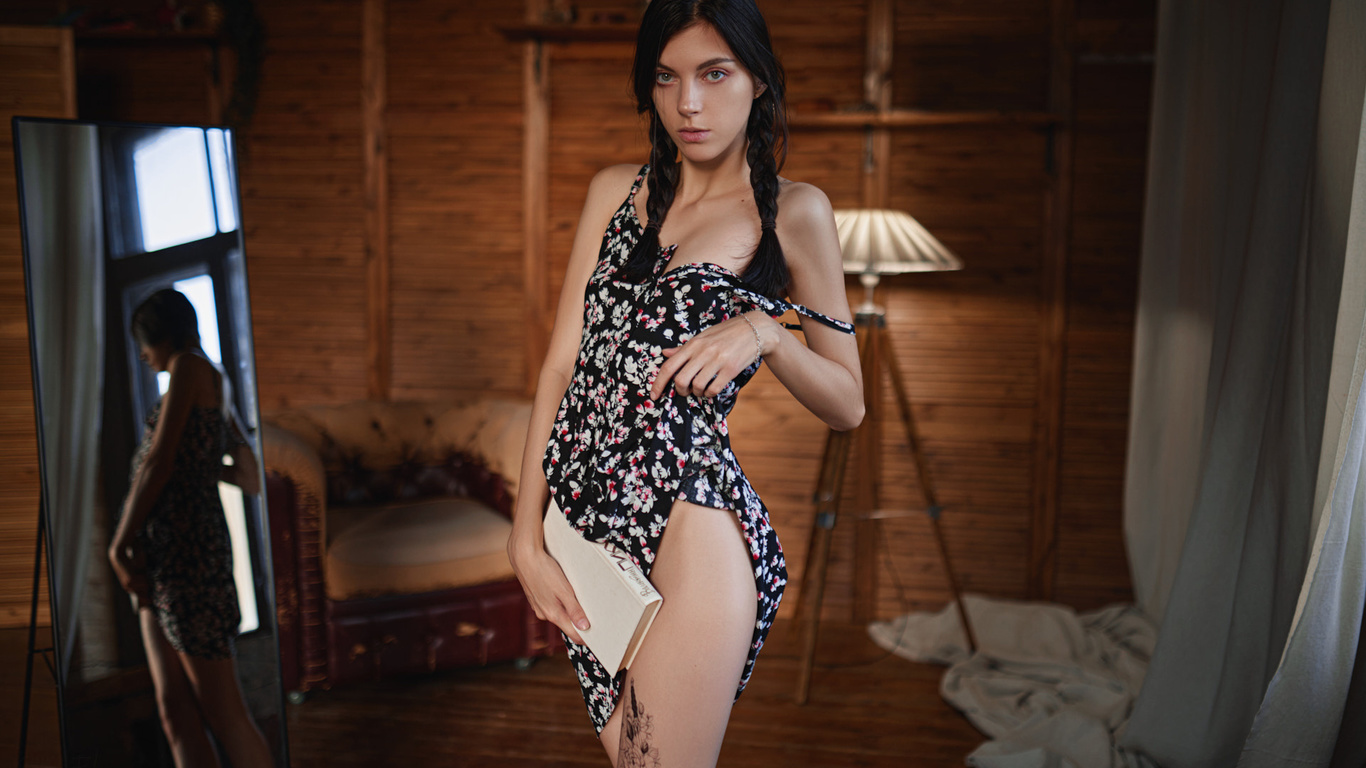 women, pigtails, dress, tattoo, sergey fat, mirror, reflection, books, armchair, wooden floor, skinny, curtain, women indoors