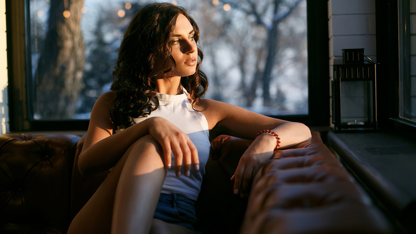 brunette, women, window, model, jean shorts, t-shirt, sitting, couch, trees