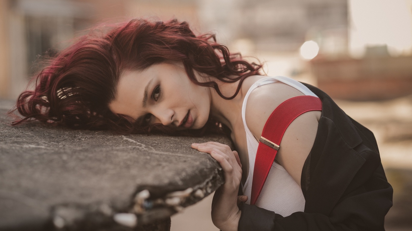 dmitry levykin, women, redhead, model, coats, t-shirt, suspenders, women outdoors