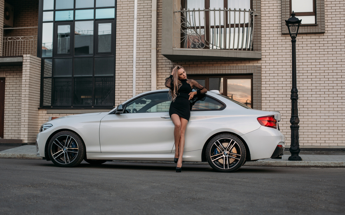 bmw, white bmw, model, blonde, women, black dress, heeled shoes, high heels