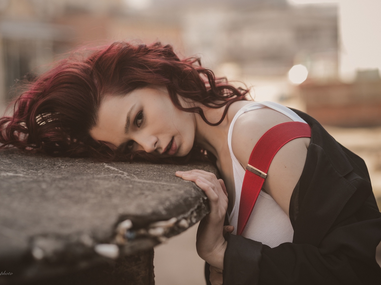 dmitry levykin, women, redhead, model, coats, t-shirt, suspenders, women outdoors