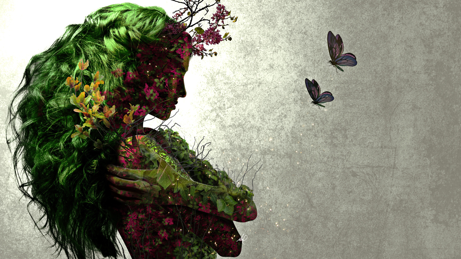 fantastic, girl, with, plants, and, butterflies